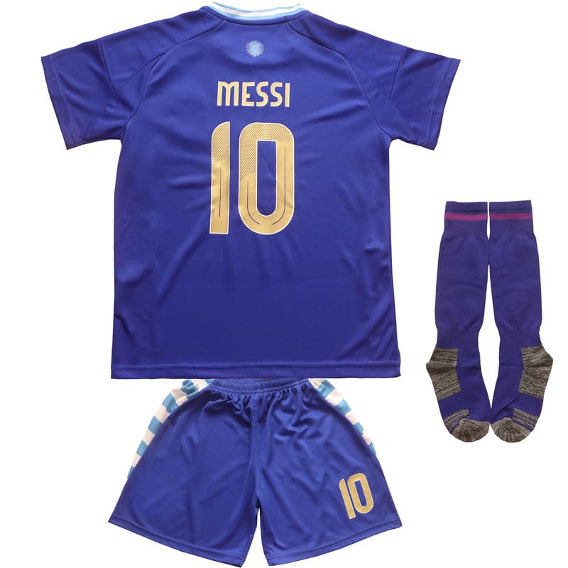 GITGIE 2024 Argentina #10 Leo Copa-American Away Kids Football Soccer Jersey/Shorts/Socks Kit Youth Sizes (Blue, 30)