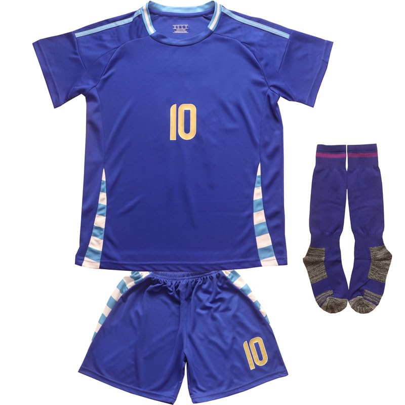 GITGIE 2024 Argentina #10 Leo Copa-American Away Kids Football Soccer Jersey/Shorts/Socks Kit Youth Sizes (Blue, 30)
