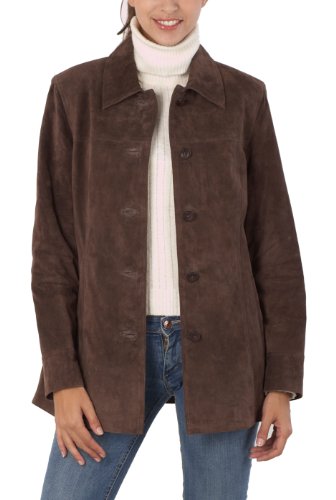 BGSD Women Anna Suede Leather Car Coat (Also available in Plus Size & Petite), Brown, Medium