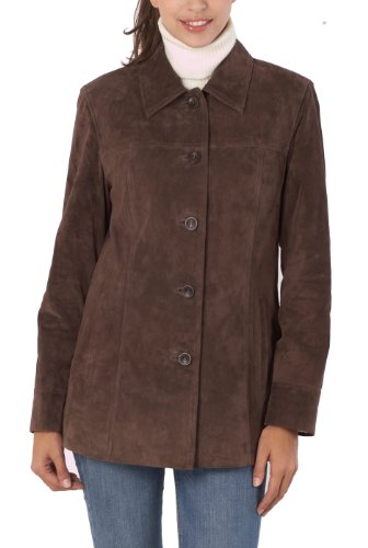 BGSD Women Anna Suede Leather Car Coat (Also available in Plus Size & Petite), Brown, Medium