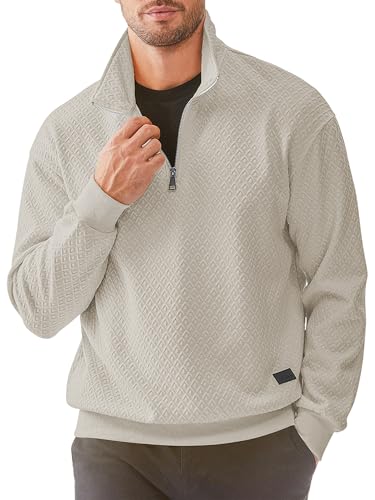 JMIERR Mens 1/4 Zip Up Polo Knit Waffle Sweatshirts Casual Long Sleeve Solid Color Geometric Texture Pullover Sweater, US 38(S), Parchment