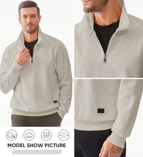 JMIERR Mens 1/4 Zip Up Polo Knit Waffle Sweatshirts Casual Long Sleeve Solid Color Geometric Texture Pullover Sweater, US 38(S), Parchment