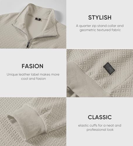 JMIERR Mens 1/4 Zip Up Polo Knit Waffle Sweatshirts Casual Long Sleeve Solid Color Geometric Texture Pullover Sweater, US 38(S), Parchment