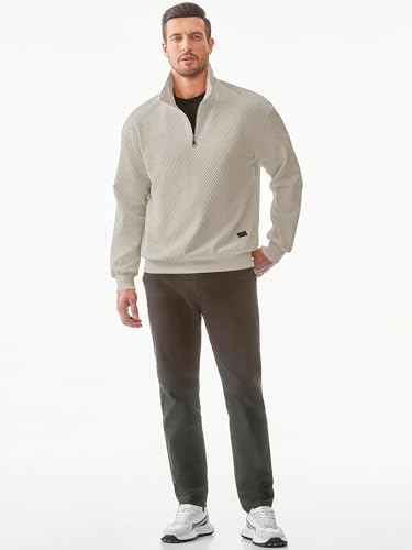 JMIERR Mens 1/4 Zip Up Polo Knit Waffle Sweatshirts Casual Long Sleeve Solid Color Geometric Texture Pullover Sweater, US 38(S), Parchment