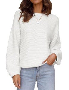 ZESICA Women's Soft White Crew Neck Sweater