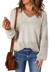 SHEWIN Women's Lightweight V-Neck Crochet Sweater