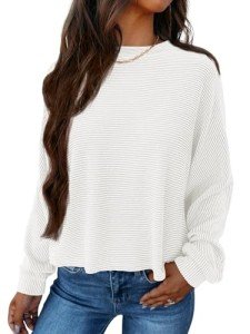 AUTOMET Women's Casual Soft Ribbed Sweater - White
