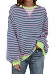 ANRABESS Women Striped Oversized Sweatshirt Long Sleeve Crewneck Shirts 2024 Fall Fashion Pullover Sweater Trendy Clothes Pink Green Medium