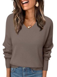 LILLUSORY Womens V Neck Pullover Sweater Long Sleeve Fashion Shirts Fall Outfits 2024 Knit Trendy Slim Fitted Tops Nutmeg L