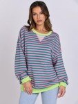 ANRABESS Women Striped Oversized Sweatshirt Long Sleeve Crewneck Shirts 2024 Fall Fashion Pullover Sweater Trendy Clothes Pink Green Medium