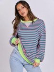 ANRABESS Women Striped Oversized Sweatshirt Long Sleeve Crewneck Shirts 2024 Fall Fashion Pullover Sweater Trendy Clothes Pink Green Medium