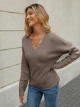 LILLUSORY Womens V Neck Pullover Sweater Long Sleeve Fashion Shirts Fall Outfits 2024 Knit Trendy Slim Fitted Tops Nutmeg L