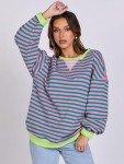 ANRABESS Women Striped Oversized Sweatshirt Long Sleeve Crewneck Shirts 2024 Fall Fashion Pullover Sweater Trendy Clothes Pink Green Medium