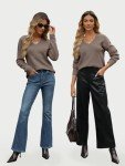 LILLUSORY Womens V Neck Pullover Sweater Long Sleeve Fashion Shirts Fall Outfits 2024 Knit Trendy Slim Fitted Tops Nutmeg L