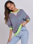 ANRABESS Women Striped Oversized Sweatshirt Long Sleeve Crewneck Shirts 2024 Fall Fashion Pullover Sweater Trendy Clothes Pink Green Medium