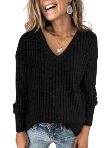 ANRABESS Long Sleeve Shirts for Women V Neck Casual Fall Tops Loose Fit Lightweight Sweaters Tunic Fashion 2024 Clothes Black X-Large