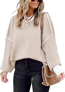 ETCYY Womens Oversized Sweaters Fall 2024 Fashion Clothes Trendy Batwing Sleeve Colorblock Striped Knit Pullover Sweater Tops(M.Apricot)