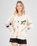 Women's Cable Knit Long Sleeve Open Front Cardigan Sheep V-Neck Button Down Embroidery Wool Blend Sweater Coat Outwear (M,Beige)