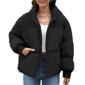 Women's Cropped Puffer Jacket - Black, Large
