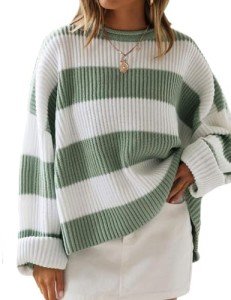 ZESICA Women’s Oversized Striped Knit Sweater - Green