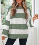 ZESICA Women’s Oversized Striped Knit Sweater - Green