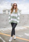 ZESICA Women’s Oversized Striped Knit Sweater - Green