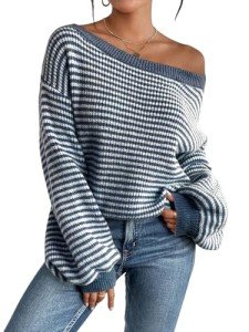 Oversized Blue Striped Off-the-Shoulder Sweater