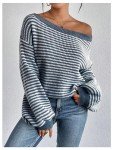 Oversized Blue Striped Off-the-Shoulder Sweater