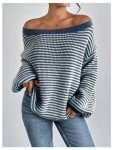 Oversized Blue Striped Off-the-Shoulder Sweater