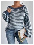 Oversized Blue Striped Off-the-Shoulder Sweater