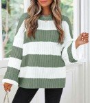 ZESICA Women's Oversized Striped Knitted Sweater, Green