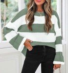 ZESICA Women's Oversized Striped Knitted Sweater, Green