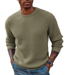 Men's Green Cable Knit Crewneck Pullover Sweater