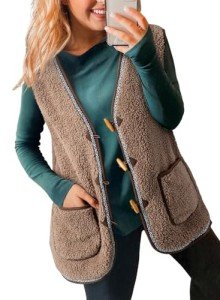 Fuzzy Fleece Oversized Vest for Women - Dark Khaki