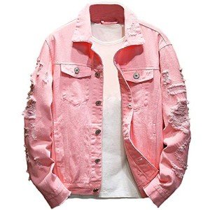 Men's Pink Distressed Denim Trucker Jacket, X-Large