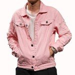 Men's Pink Distressed Denim Trucker Jacket, X-Large