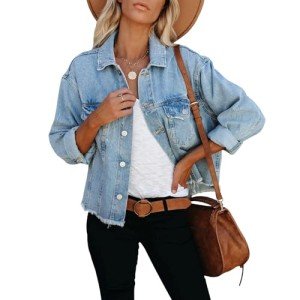 Women's Cropped Frayed Denim Jacket, Light Blue