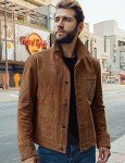 Men's Brown Suede Leather Trucker Jacket, XXL