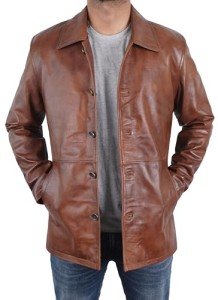 Men's Brown Leather Car Coat, 2XL