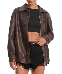 Brown Faux Leather Oversized Zip-Up Jacket for Women