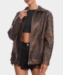 Brown Faux Leather Oversized Zip-Up Jacket for Women
