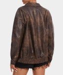 Brown Faux Leather Oversized Zip-Up Jacket for Women