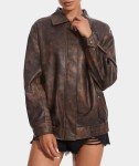 Brown Faux Leather Oversized Zip-Up Jacket for Women