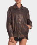 Brown Faux Leather Oversized Zip-Up Jacket for Women