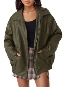 Womens Oversized Leather Motorcycle Jacket in Army Green