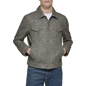 Light Grey Faux Leather Trucker Jacket for Men