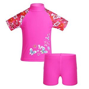 Kids Girls Two-Piece Rash Guard Swimsuit - Rose Red