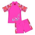 Kids Girls Two-Piece Rash Guard Swimsuit - Rose Red
