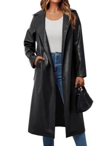 Trendy Women's Black Faux Leather Trench Coat