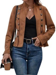 Women's Faux Suede Leather Blazer Jacket - Brown